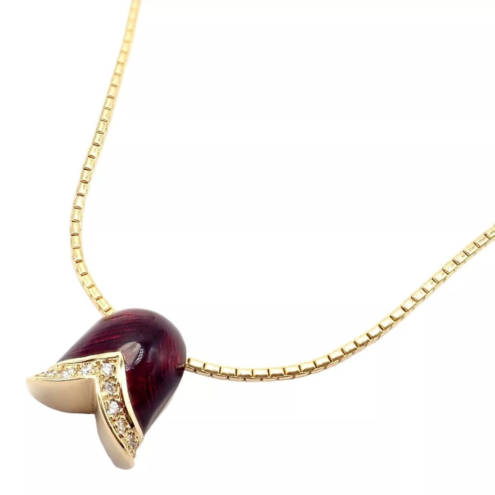 Authentic! Fabrege Diamond Tulip Red Enamel Pendant Necklace